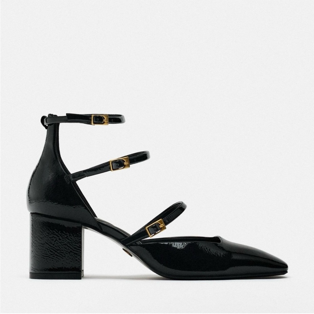 Zara Glossy Black Patent Strappy Heels — Square Toe, Ankle Tie, Size 6 - Picture 6 of 6